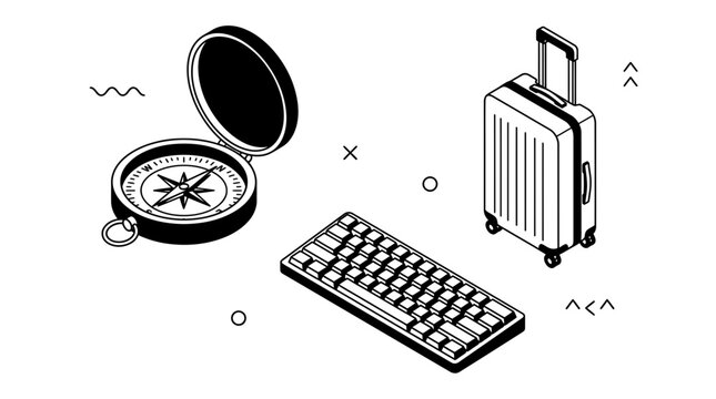 Isometric travel essentials featuring a vintage metal compass keyboard and rolling luggage suitcase for trip planning