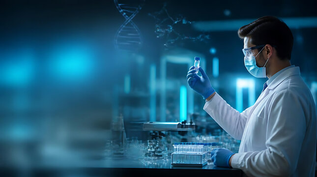 scientist analyzing chemical sample in advanced laboratory environment with digital data visualization and precision instruments
