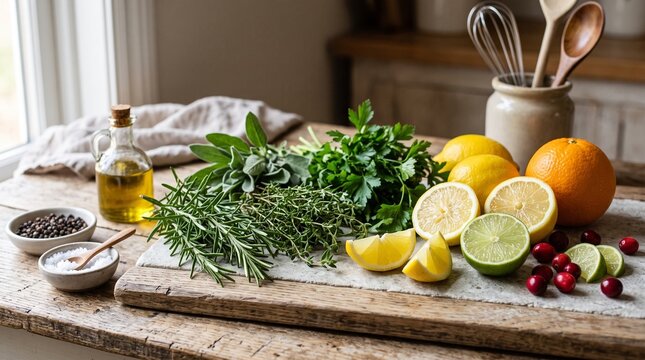 Fresh herbs and citrus fruits arranged with olive oil and spices on a wooden board