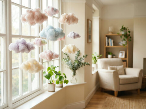 Nine cloud shaped decorations hanging before a bright multi paned window