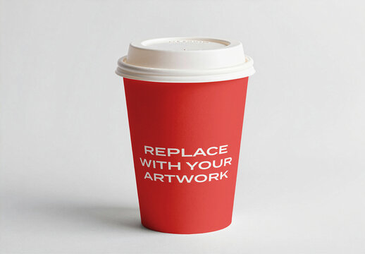 Paper coffee cup mockup with white lid on neutral background for branding and packaging presentation, template product display, beverage container design, commercial advertising