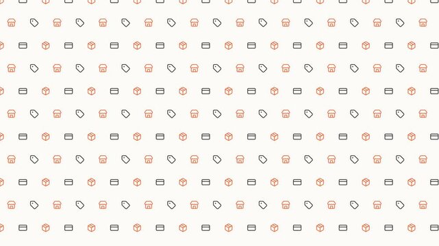 Pixel Art E-commerce Icons Pattern Sliding Diagonally with Orange and Black Shop Symbols on White Background for Retail Video Loop