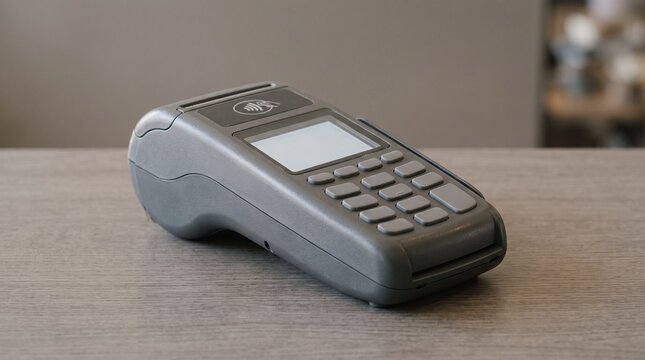 Contactless Credit Card Terminal and POS Payment Reader on Wooden Counter