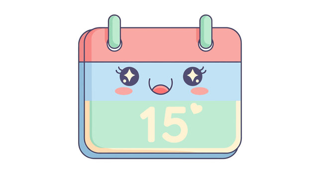 Cute Kawaii Calendar Icon with Number 15, Happy Face, Pastel Colors