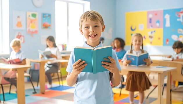 Young boy reading book in classroom.