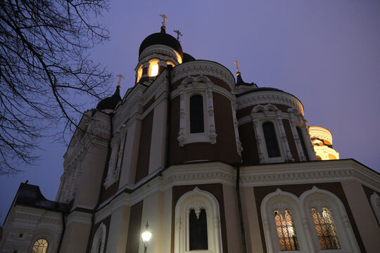 Low angle view of illuminated Alexander Nevsky Cathedral at night in Tallinn, Estonia