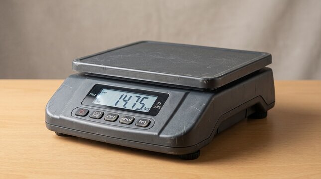 Portable digital parcel weighing scale displayed on a wooden surface for precise measuring of mailing packages and small items in shipping