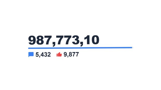 Video view counter with like and comment icons increasing to one million on white background for social media overlay.