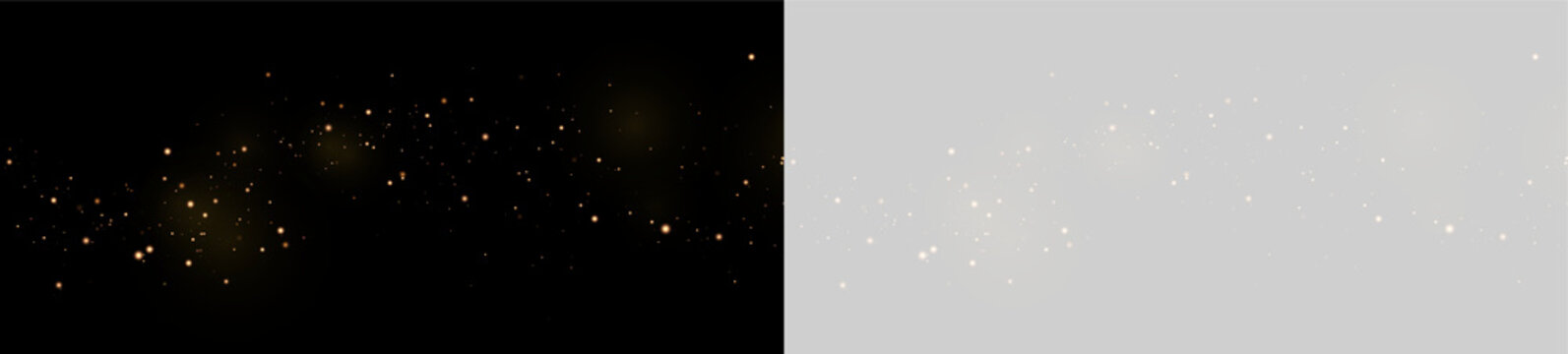 Scattered soft golden particles with glow on transparent background and black split on transparent background