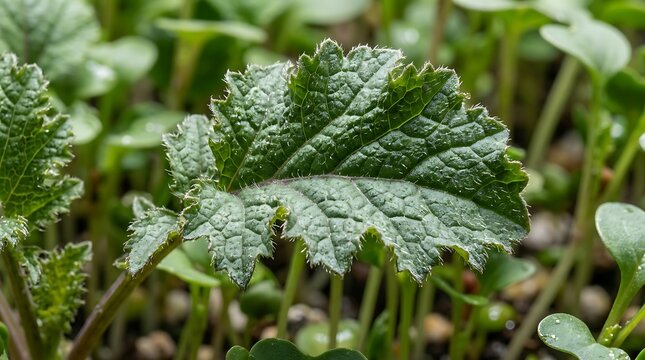 Close-up of green mustard microgreens leaf with detailed texture growing in garden soil