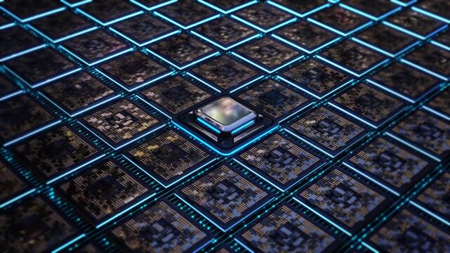 Futuristic processor matrix visualizes high performance AI hardware, computing infrastructure, neural processing, server acceleration, chipset enterprise systems, edge computing, advanced electronics.