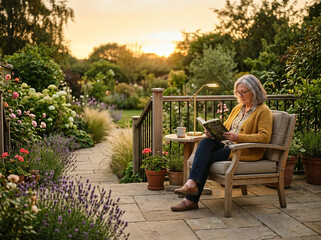 Fototapeta premium Senior woman reading a book on a patio armchair surrounded by a garden at sunset