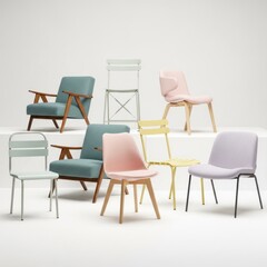 Fototapeta premium Collection of Modern and Vintage Chairs in Various Colors and Styles.