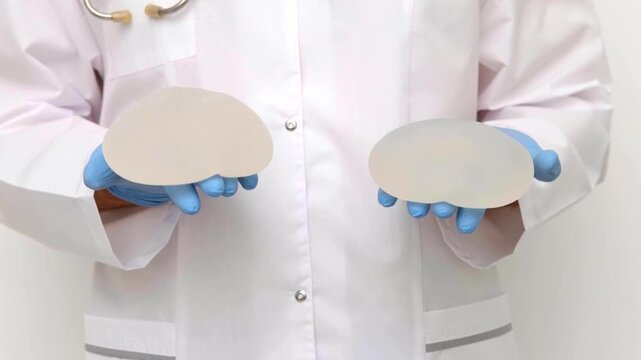 Surgeon presenting two different breast implants for augmentation mammoplasty size and shape comparison, plastic surgery clinic consultation, aesthetic medicine patient education.