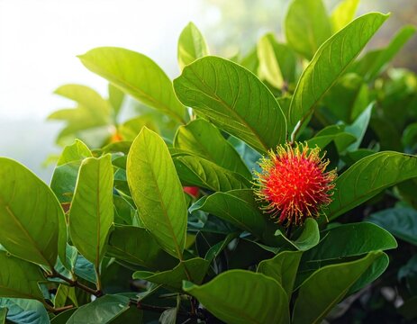 Red rambutan fruit growing in lush leaves.
