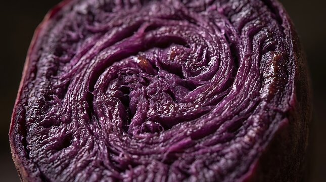 Close macro shot of a fresh red cabbage cross section revealing intricate purple spiral patterns and organic leaf textures