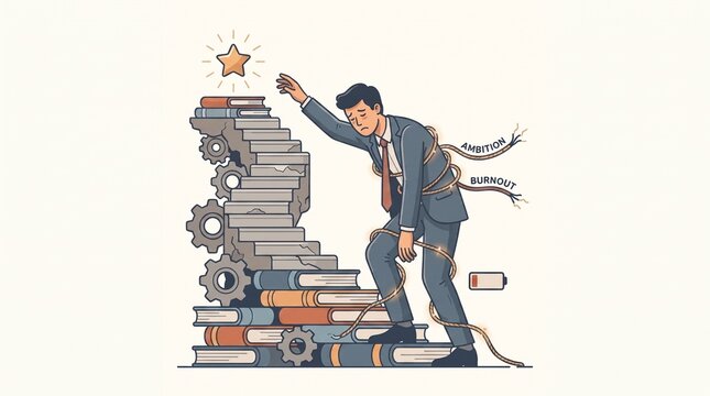 Exhausted businessman tied with rope struggles to climb a precarious stack of books toward success