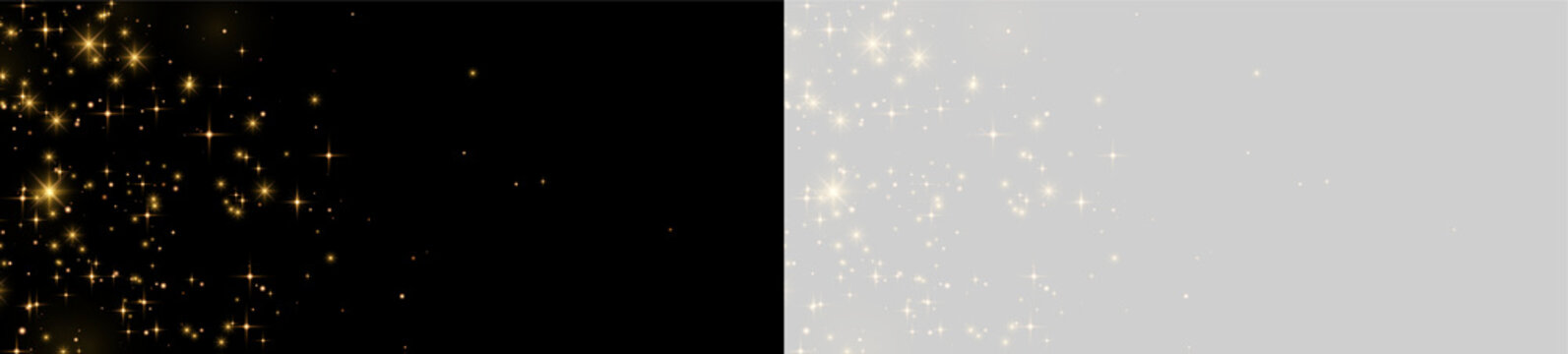 Cluster of glowing golden star-like sparkles on a transparent background fading into black on transparent background