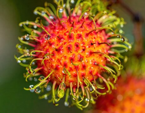 Red rambutan fruit with wet hair macro.