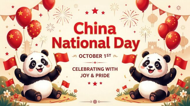Celebrating the glorious national day of the people's republic of china with joyful festivities adorable pandas and immense patriotic pride on the first