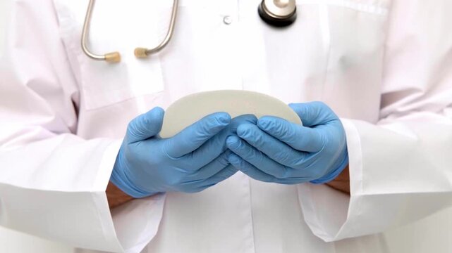 Plastic surgeon demonstrating the flexibility and texture of a breast implant during a medical consultation in a clinic, aesthetic medicine and reconstructive surgery presentation, patient care.