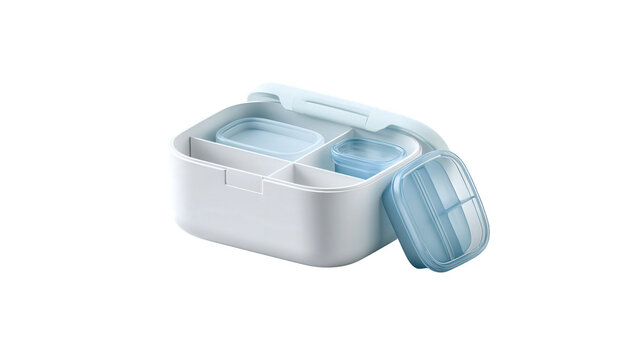 Modern plastic lunch box with internal dividers with modern white blue on transparent background