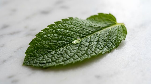 Fresh green mint leaf with water droplet on white marble background