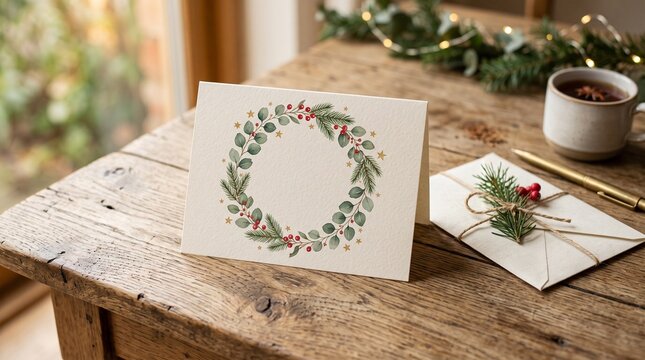 Festive Christmas card with eucalyptus wreath and envelope on rustic wooden table