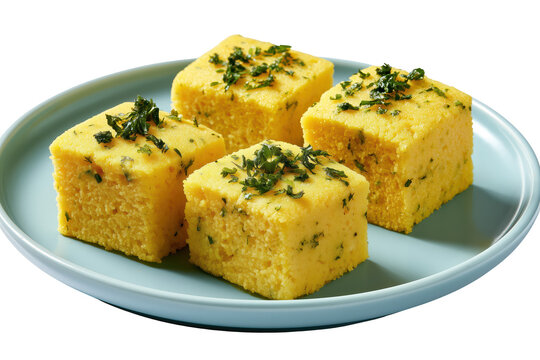 Delicious yellow dhokla cake squares garnished with fresh herbs on a blue plate