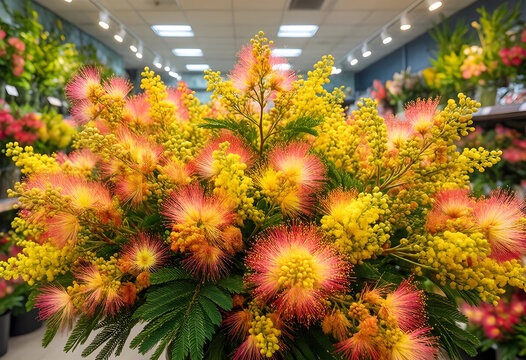 Vibrant floral arrangement with mimosa and calliandra flowers, spring and nature celebration, colorful botanical display in a flower shop