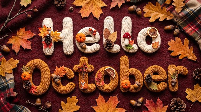 Hello October Knit Letters With Autumn Leaves Pumpkins Cozy Fall Seasonal Decor