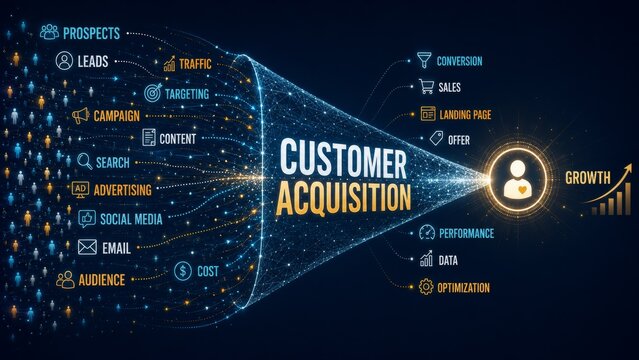 Customer Acquisition Funnel with Leads, Targeting, Conversion, Sales, Data and Marketing Growth Infographic