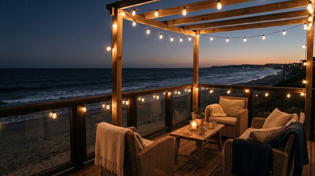 Cozy beachside terrace with string lights at dusk overlooking the ocean