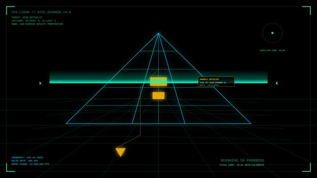 Futuristic Lidar Pyramid Site Scanner Digital HUD Interface Scanning Hidden Underground Chambers