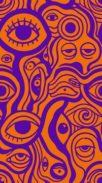 1970s Psychedelic Eye Seamless Pattern in Orange and Purple