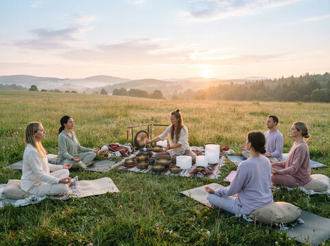 Six people at a sunrise sound bath with singing bowls in a grassy meadow