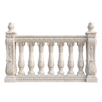 Elegant marble balustrade with ornate balusters and classical leaf carvings for architectural design.