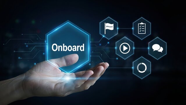 Digital interface with the word onboard displayed in a glowing blue hexagon held by a human hand with various business in the background