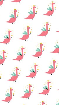 Vertical  fairy dinosaur seamless pattern looping animation