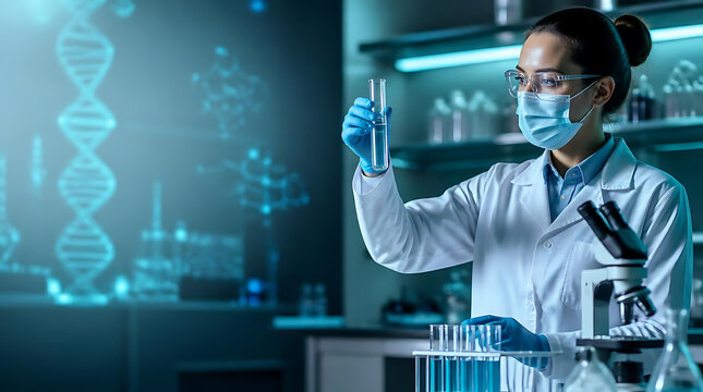 female scientist in a modern laboratory analyzing a test tube with digital DNA illustrations in the background emphasizing