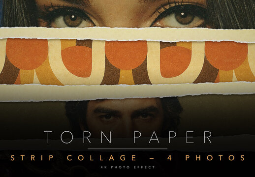 Torn Paper Strip Collage Photo Effect Template - Full Bleed Ripped Paper Collage with 4 Editable Smart Objects, Vintage Faded Paper and Dust Texture, PSD
