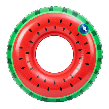 Vibrant inflatable watermelon pool float with black seeds and green rind for summer fun