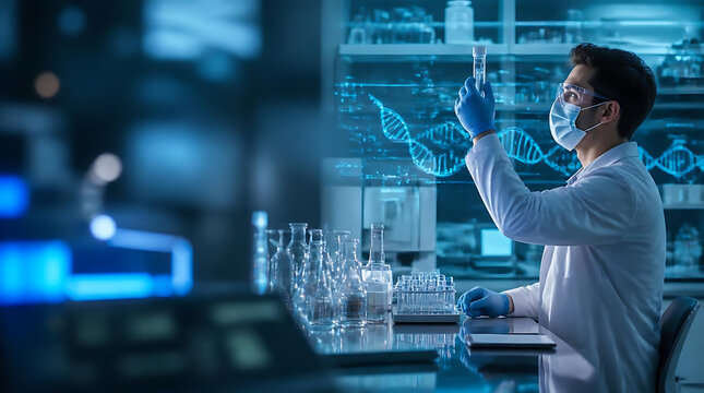 innovative laboratory researcher analyzing chemical substances in advanced scientific facility maintaining safety protocols and