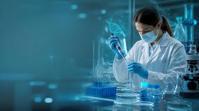 female scientist conducting laboratory experiments with pipette and test tubes in high-tech research environment