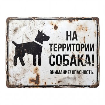 Heavily rusted and scratched metal warning sign with a black dog silhouette and Russian text meaning "Dog on Territory! Attention! Danger!". Isolated on white background.