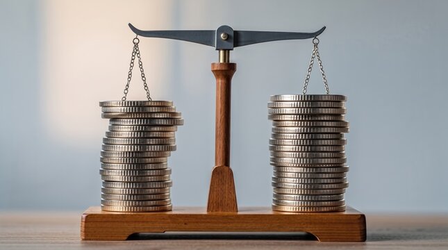 Balanced stacks of shiny silver coins resting on old wooden scales for fair financial comparison concepts