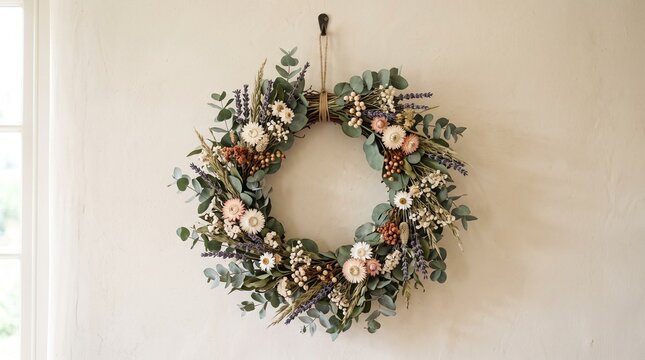 Handmade dried flower wreath with eucalyptus and lavender hanging on wall