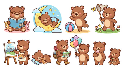Fototapeta premium Set of cute cartoon teddy bears doing various daily activities like reading playing painting and sleeping with balloons