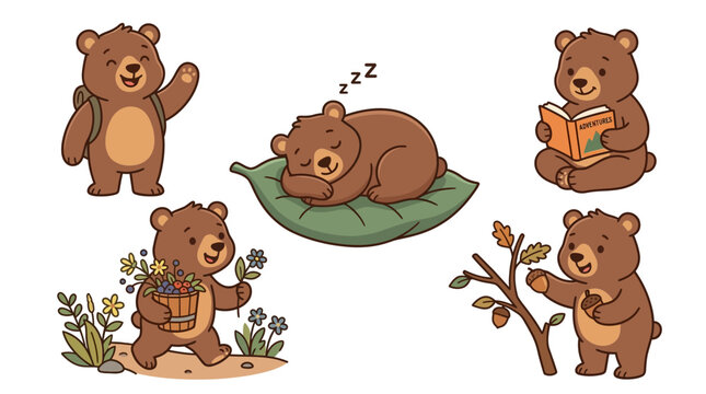 Cute cartoon brown bears set doing different activities like sleeping reading and walking in a collection of illustrations