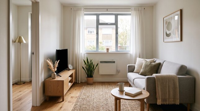 Cozy small apartment living room with modern furniture and natural light